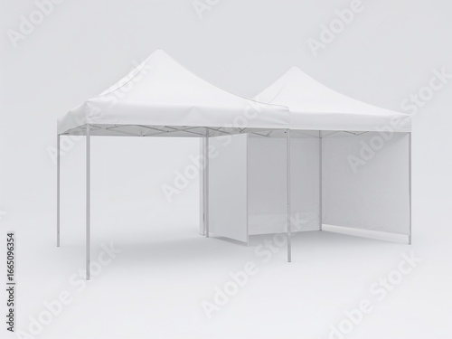 Two blank white pop-up tents connected side-by-side on a clean white background. A versatile mockup for events or branding.