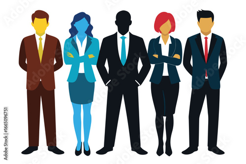 Diverse Team Cartoon Illustration Business Professionals in Suits with Colorful Skin Tones and Arms Crossed