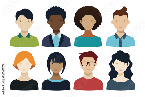 Eight Diverse Avatar Portraits Professional and Casual Characters Illustration with Varied Hairstyles and Skin Tones