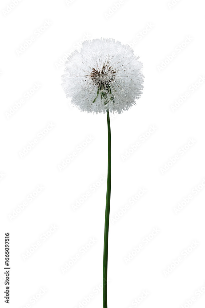 Fototapeta premium A single dandelion seed head, white and fluffy, atop a slender green stem
