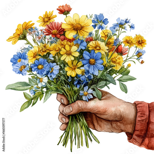 Hand Holding Spring Bouquet, watercolor illustration vector, isolated on a white background.