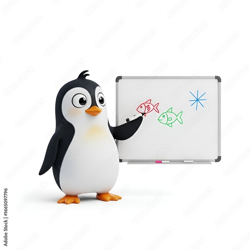 Obraz premium A cartoon penguin is standing next to a whiteboard, ready to present or teach, isolated on white background