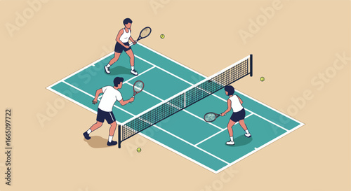 Three people play tennis on a court; it is a simple outdoor game illustration