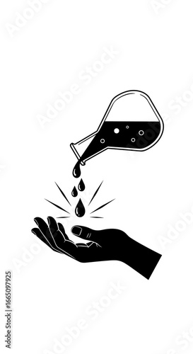 Liquid being poured from an erlenmeyer flask into an open hand symbolizing science and care