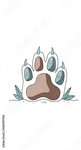 A close up illustration of a furry animals paw print impression in the dirt with green leaves and visible claw marks