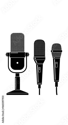Collection of three diverse vintage and modern microphones for audio recording and performance purposes