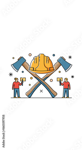 Construction workers with tools and hard hats symbolizing industrial labor and safety in the building industry