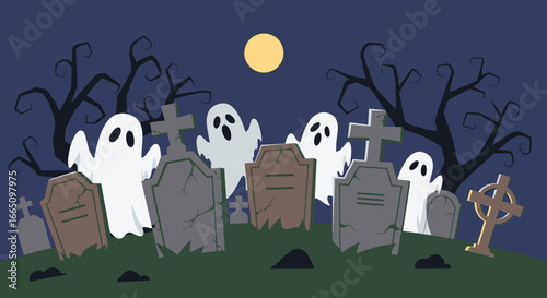 A Gathering of Cute Cartoon Ghosts in a Cemetery.