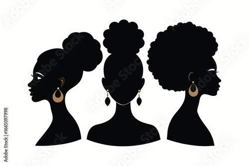 Elegant Black Women Silhouettes with Natural Hairstyles and Gold Earrings on Light Background