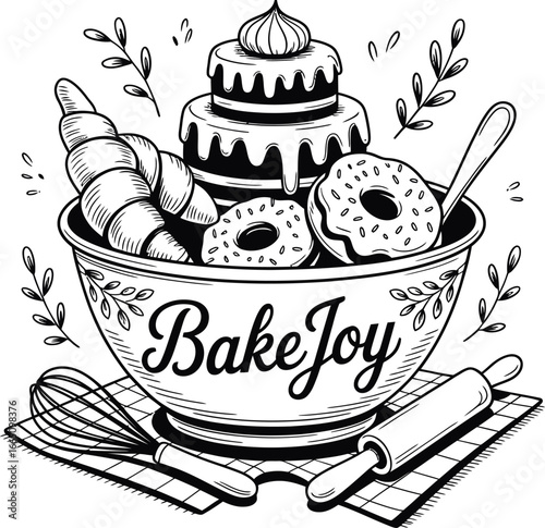 Vector Illustration of Bake Joy: Wholesome Black and White Baking Scene with Utensils, Pastries, and Decorative Touches.