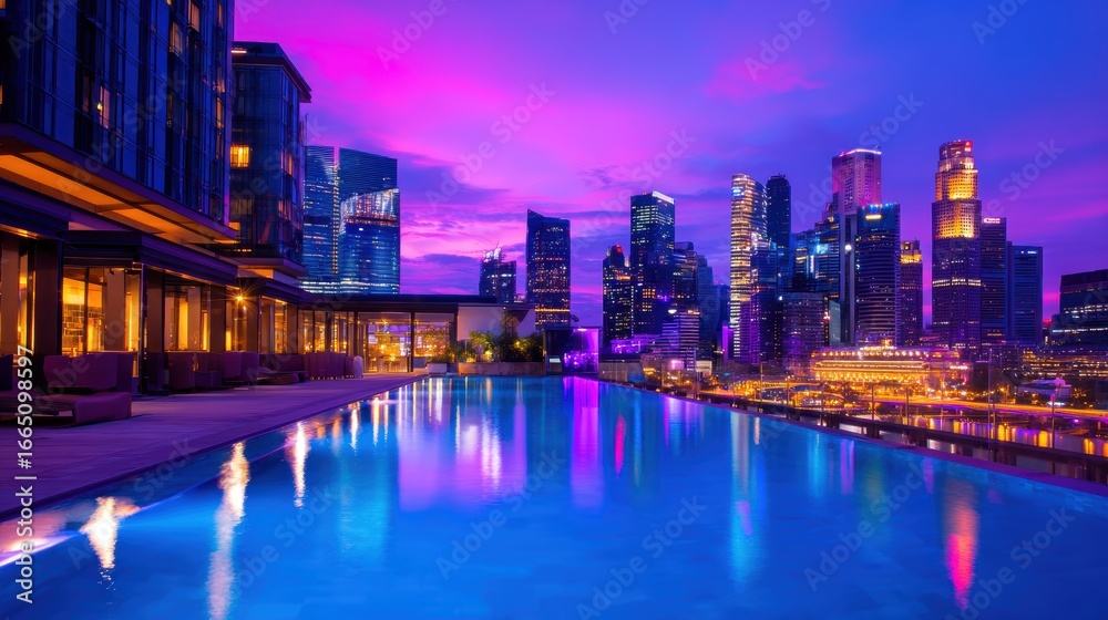 Fototapeta premium Stunning skyline view of a vibrant city at dusk from a rooftop infinity pool with colorful reflections