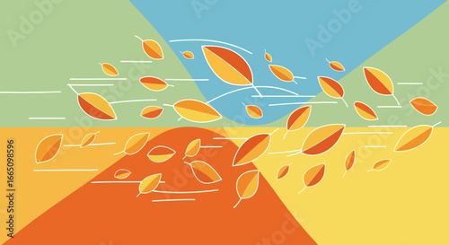 Autumn leaves swirling in the wind, seasonal illustration.