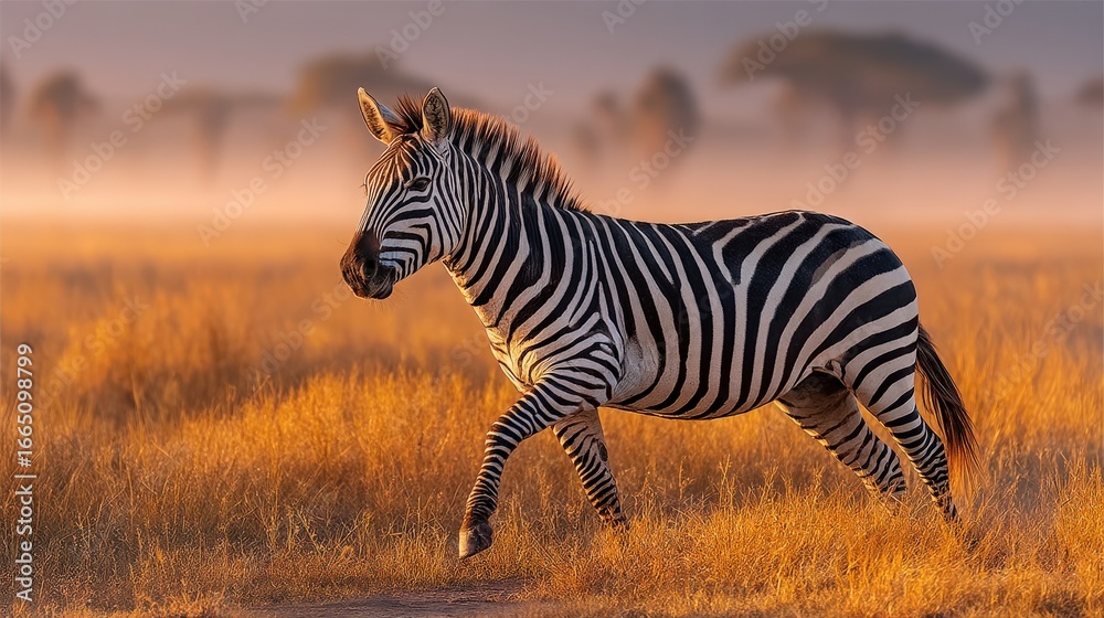 Naklejka premium A lone zebra walks through a golden savanna at sunrise, its distinctive stripes illuminated by the warm morning light