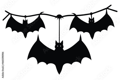 Hanging Bat Silhouette Decoration for Halloween Party, Isolated Illustration on White