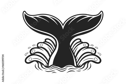Whale Tail Silhouette with Water Splash on White Background