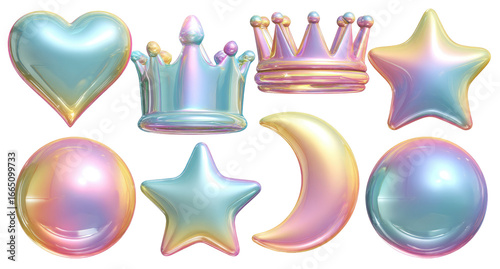 Pastel iridescent shapes; heart, crown, star, moon, and sphere