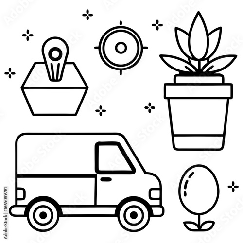 Collection of simple line art icons for delivery and home