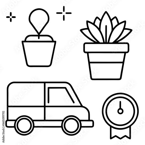Delivery service icons including van plant and hot drink