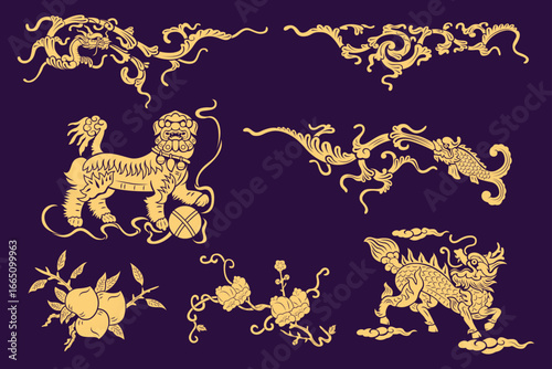 Asian traditional  folk decorative patterns set