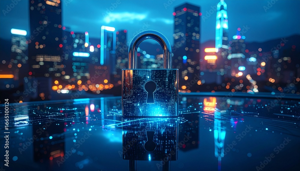 Fototapeta premium A glowing digital padlock with a keyhole stands on a reflective surface, symbolizing data security and internet protection in a blurred modern city at night.