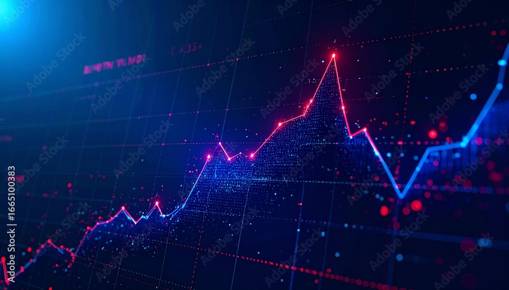 Naklejka premium Abstract digital financial graph with glowing red and blue lines illustrating market trends, growth, and data analysis on a dark background.