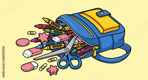 Colorful school supplies spilling from a backpack illustration.