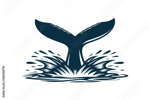 Whale Tail Fin Splashing, Sea Waves Black Silhouette, Marine Life on White