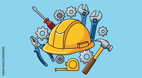 Construction tools and safety helmet illustration representing building and repair work.