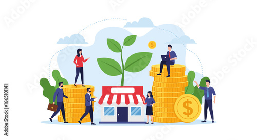 Growing business concept showing financial investment and development with people working together for success