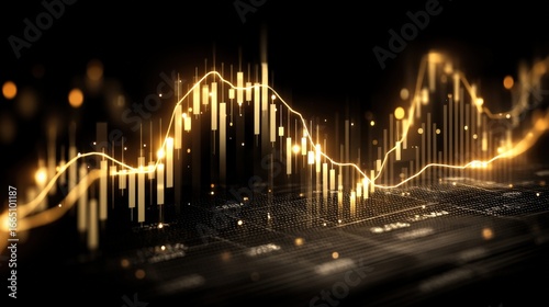 A glowing golden financial graph displaying stock market data and economic trends, representing investment and growth