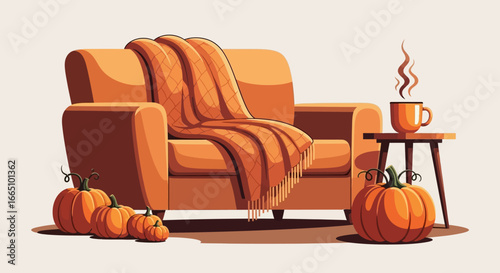 Cozy Autumn Scene With Armchair Pumpkins And Hot Drink.
