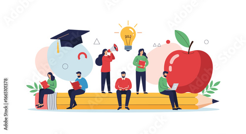 Illustration of diverse people engaging in learning and intellectual pursuits with educational symbols
