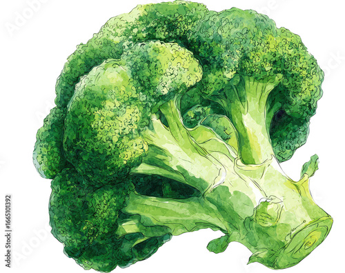 Close-up watercolor illustration of a broccoli head. Vibrant green florets cluster around a thick stem