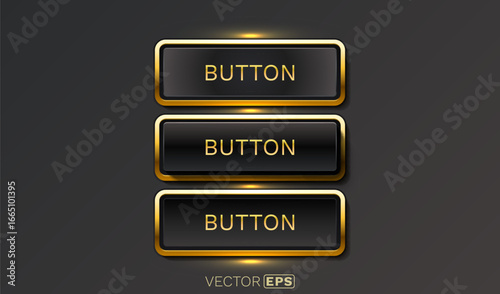 Black golden button set, three states of the button, pressed, released, hovered. Vector illustration