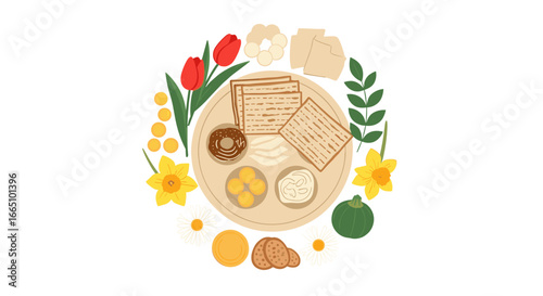 Traditional passover seder plate and symbols with spring flowers and festive decorations celebrating jewish holiday observance