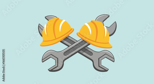 Crossed wrenches with yellow construction safety hard hats.