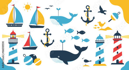 Nautical voyage adventure elements collection featuring sailing boats lighthouses whales anchors seabirds and marine life for design projects