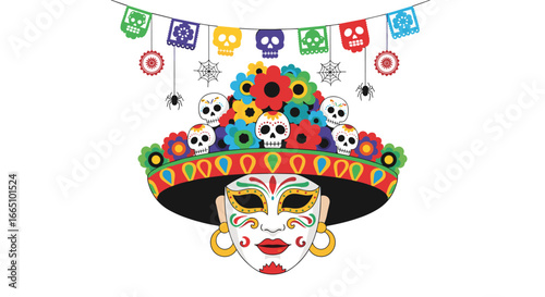 Vibrant dia de los muertos fiesta with sugar skulls flowers and festive decorations celebrating life and remembrance