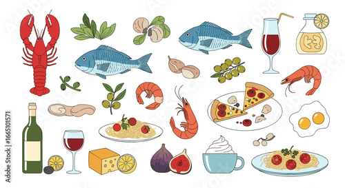 Delicious collection of various food items and drinks representing diverse culinary delights and gastronomic experiences from around the world