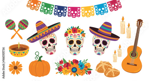 Vibrant dia de los muertos celebration with sugar skulls festive decorations and traditional mexican elements for a joyful remembrance