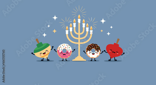Celebratory hanukkah scene featuring dancing doughnuts and dreidels with a menorah light display