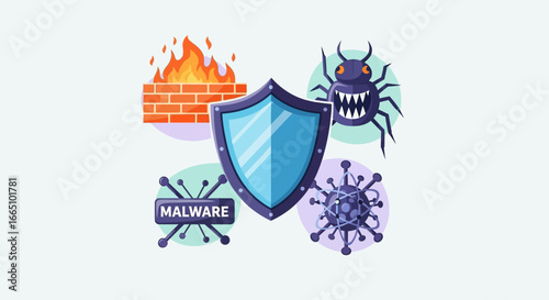 Cybersecurity Shield with Malware and Firewall Icons.
