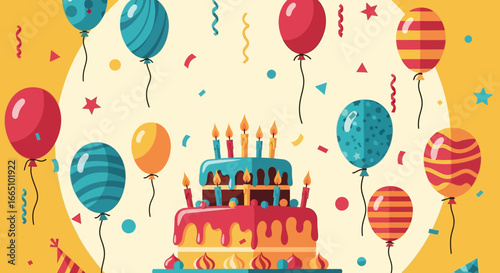 Delicious Two Layered Birthday Cake with Lit Candles.