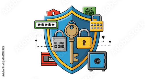 Digital Security and Data Protection Concept with Shield Keys and Locks.