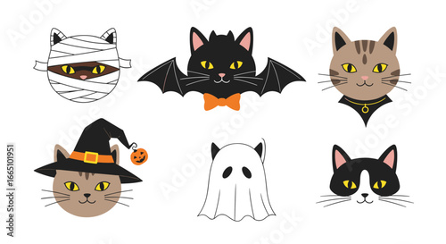 Collection of adorable halloween cats and creatures featuring a mummy cat bat witch cat ghost cat and tabby cats with festive accents