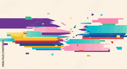 Dynamic Abstract Composition with Colorful Horizontal Lines and Shapes.