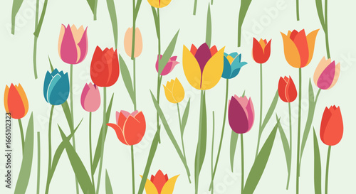 Vibrant garden bloom featuring a diverse array of colorful tulips in full springtime glory and lush green stems