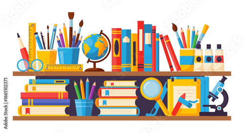 Educational Bookshelf Filled With School Supplies And Learning Materials.