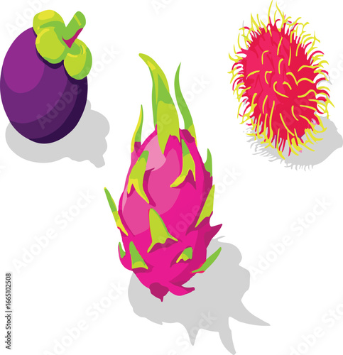 Exotic Fruit Assortment: A vibrant depiction of three unique, mouthwatering fruits - the purple mangosteen, the dragon fruit, and the rambutan - arranged for visual delight.