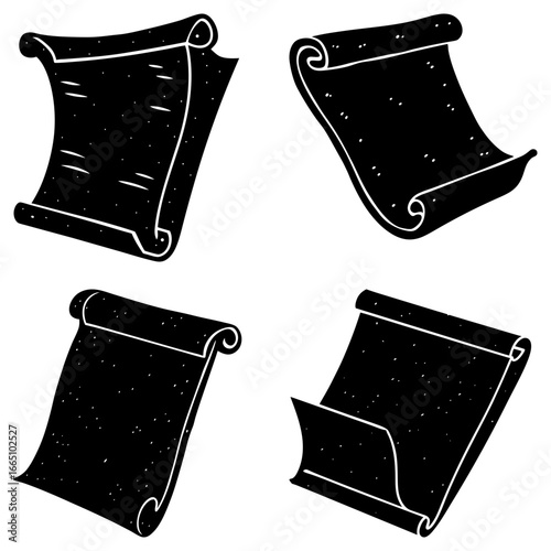 Four black and white hand drawn scrolls with curled edges in various orientations on a white background